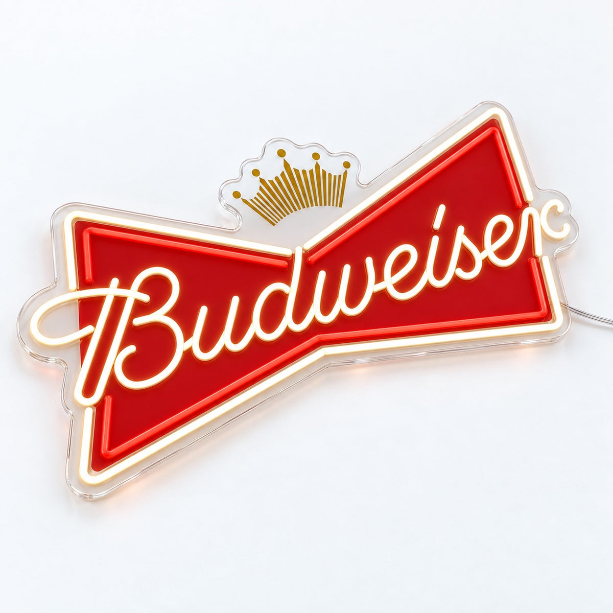 Budweiser LED Neon Sign, featuring illuminated beer-brand logo on a light background viewed at an angle.