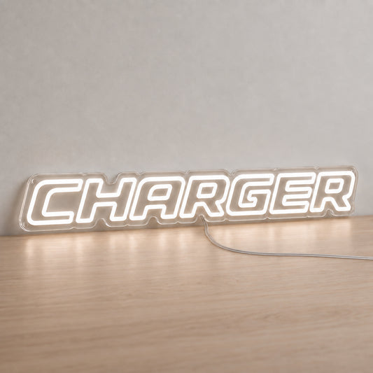 Dodge Charger LED Neon Sign, featuring illuminated vehicle logo on a light background.