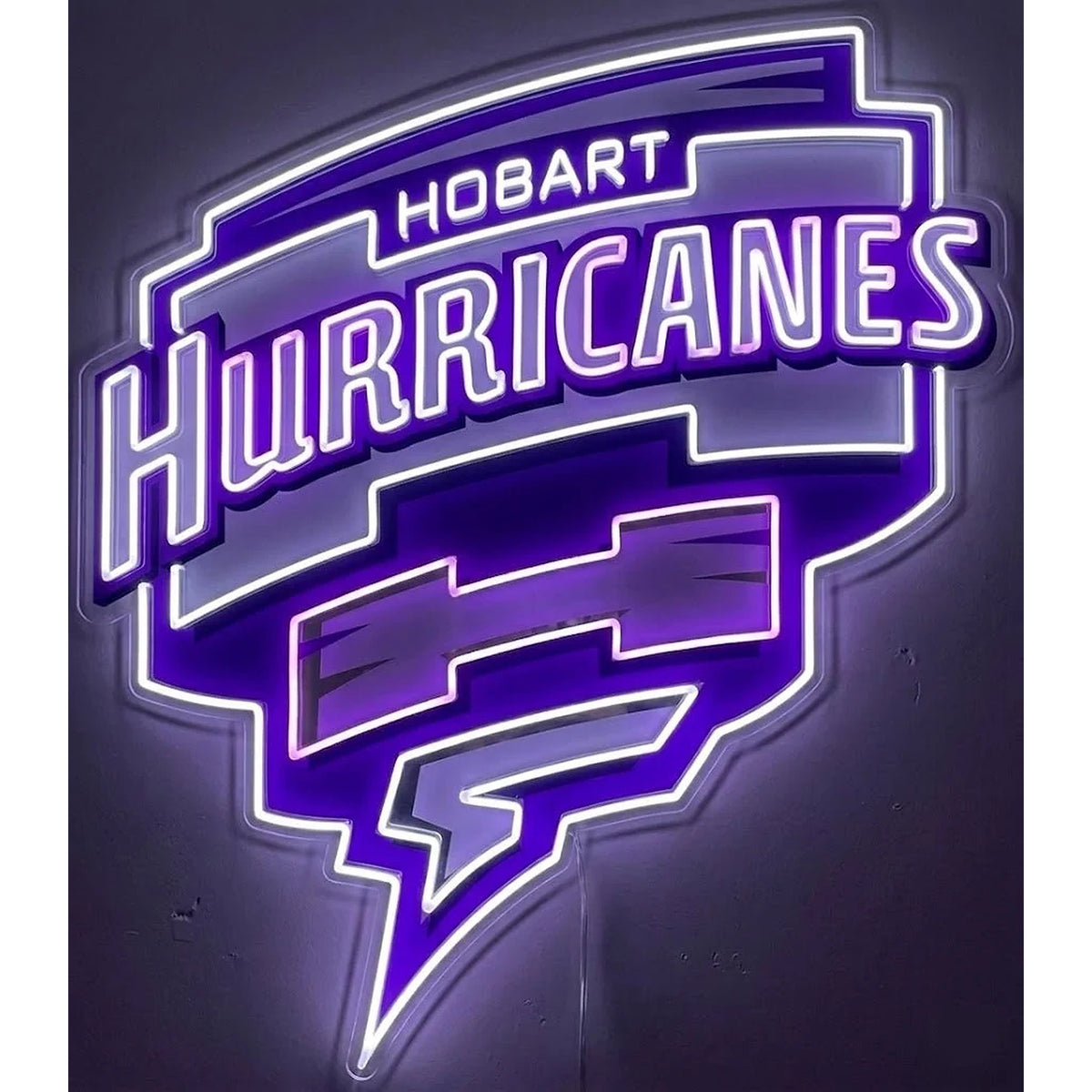 Hobart Hurricanes Neon Sign, featuring illuminated team logo on a dark background.