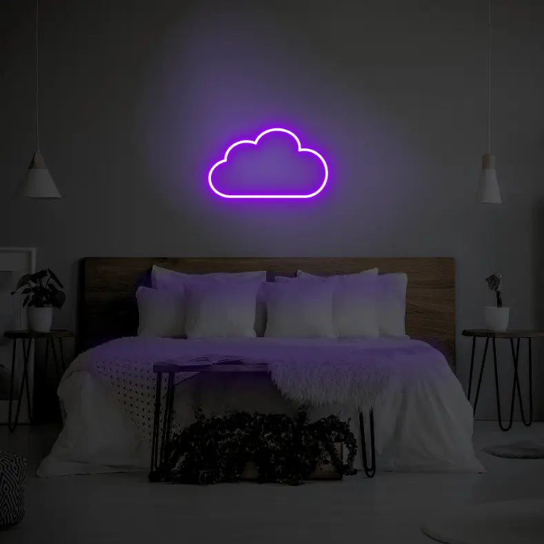 Cloud LED Neon Light Sign in purple, featuring cloud outline illuminated above a bed.