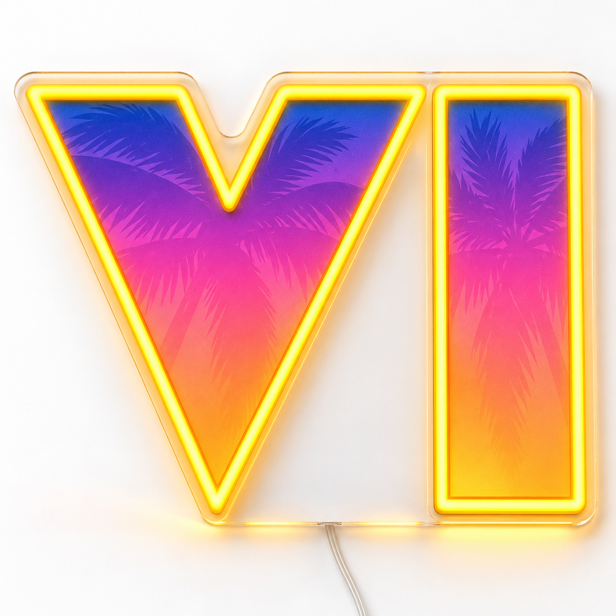 GTA VI Sunset Logo Neon Sign – The VI emblem with yellow LED neon outlines surrounding purple, pink and orange sunset artwork and palm silhouettes.
