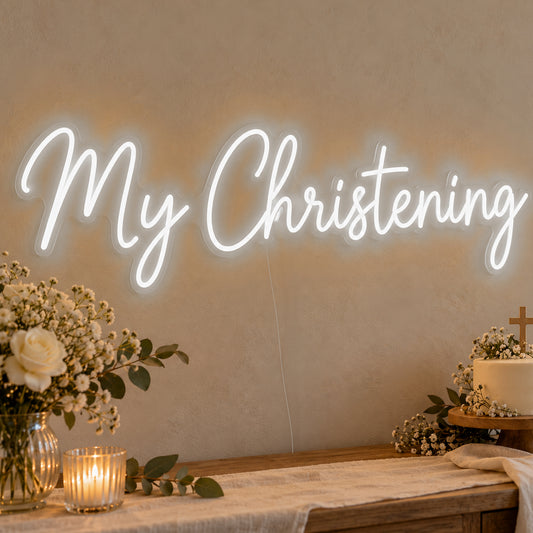 My Christening Neon Sign in white LED neon on clear acrylic, angled view