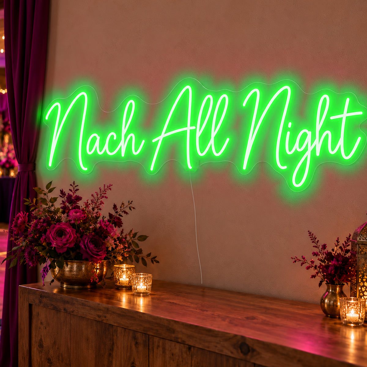 Nach All Night Neon Sign in green LED neon on clear acrylic, angled view