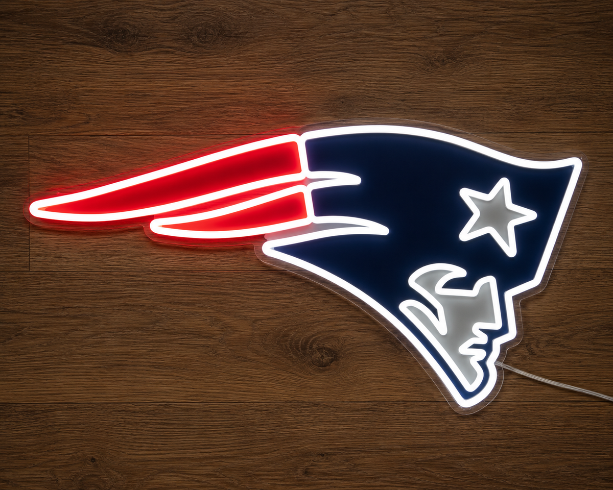 New England Patriots LED Neon Sign, featuring illuminated team logo on a wooden surface.