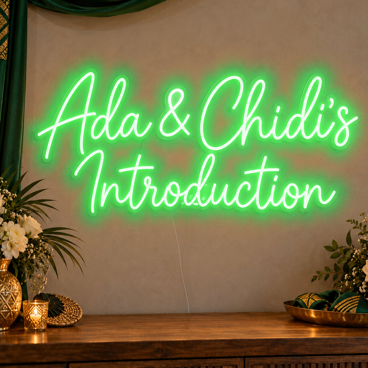 Personalised Introduction Neon Sign in green LED neon on clear acrylic, angled view