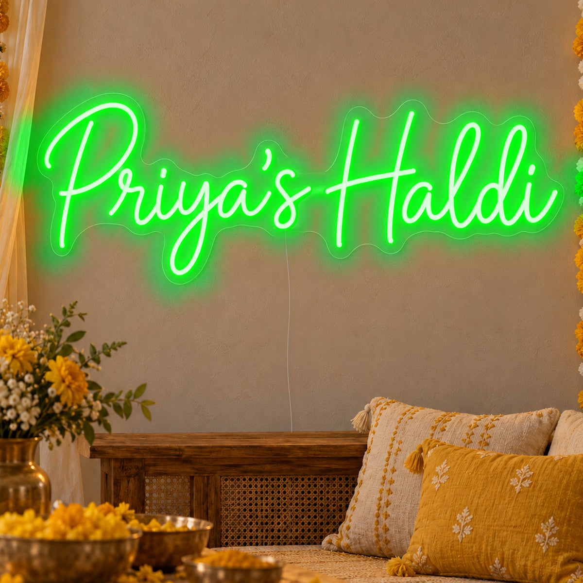 Personalised Haldi Neon Sign in green LED neon on clear acrylic, angled view