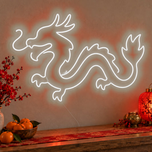 Zodiac Dragon Neon Sign in white LED neon on clear acrylic, angled view