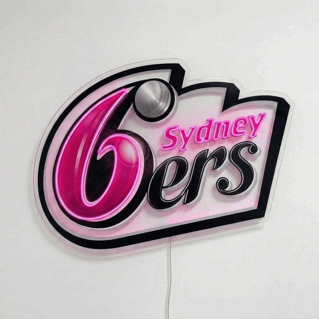 Sydney Sixers Neon Sign, featuring illuminated team logo on a light background.
