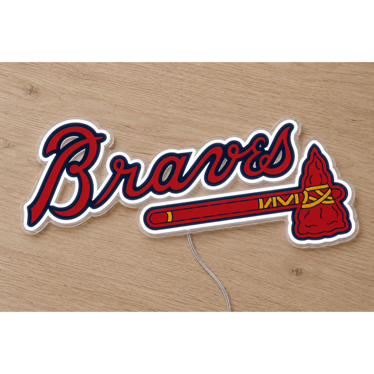 Atlanta Braves LED Neon Sign, featuring illuminated team logo on a wooden surface.