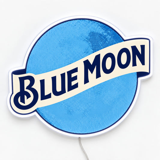 Blue Moon LED Neon Sign, featuring illuminated beer-brand logo on a light background.