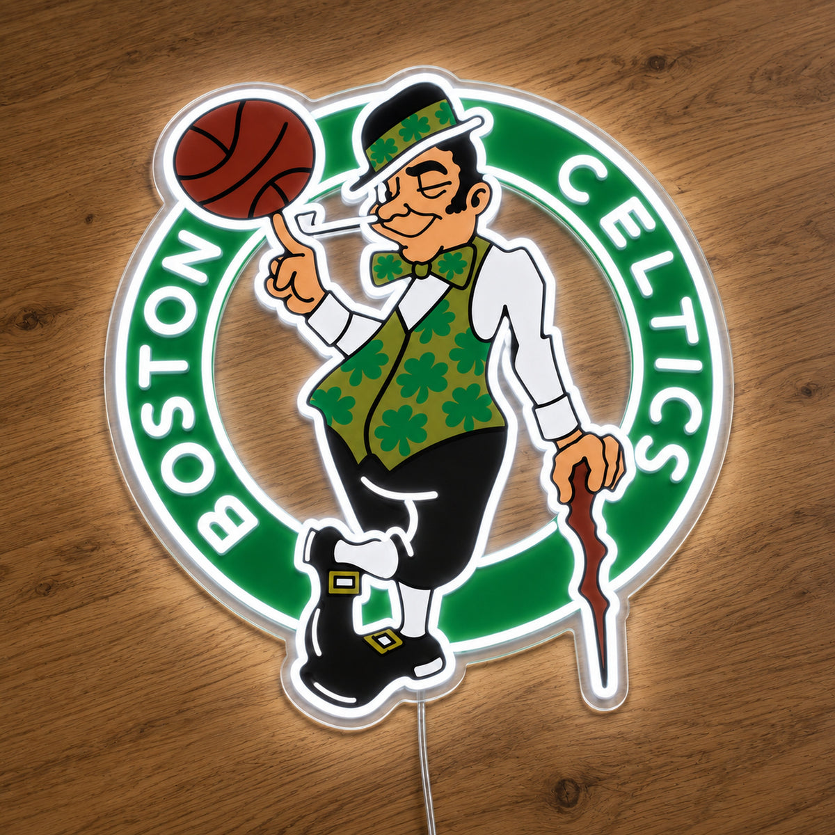 Boston Celtics LED Neon Sign, featuring illuminated team logo on a wooden surface.