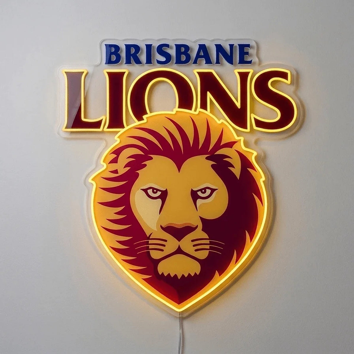 Brisbane Lions Neon Sign, featuring illuminated team logo on a light background.
