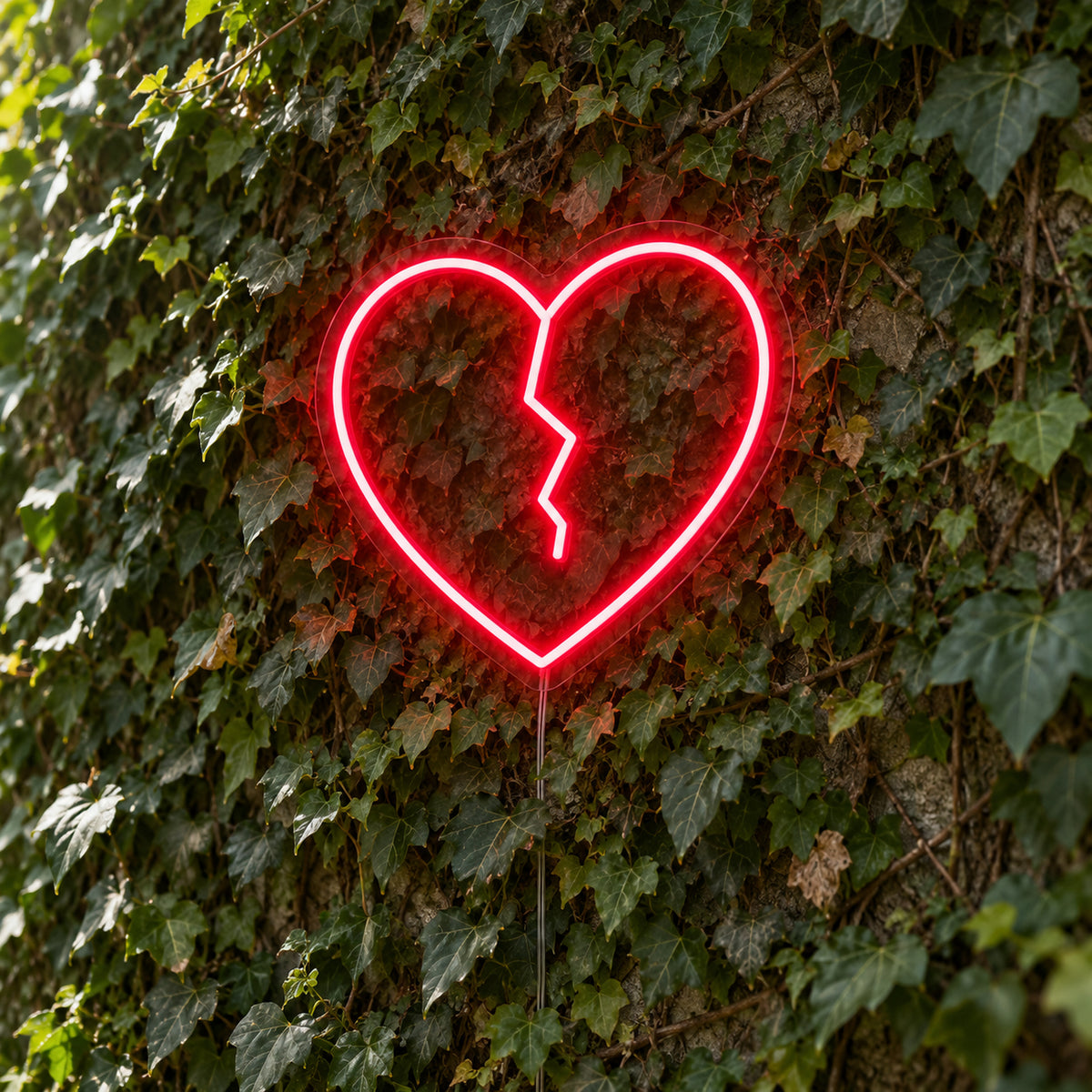 Broken Heart LED Neon Light Sign in red, featuring broken-heart outline against a green foliage wall.