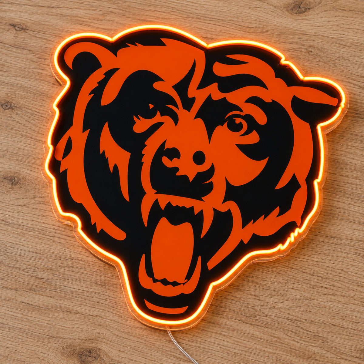 Chicago Bears LED Neon Sign, featuring illuminated team logo on a wooden surface.