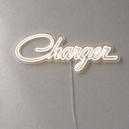 Chrysler Charger LED Neon Sign in warm white, featuring Charger script lettering on a grey wall.