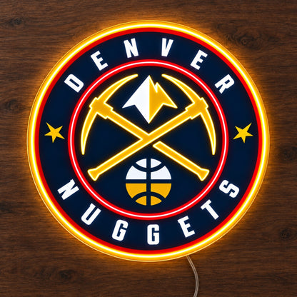 Denver Nuggets LED Neon Sign, featuring illuminated team logo on a wooden surface.