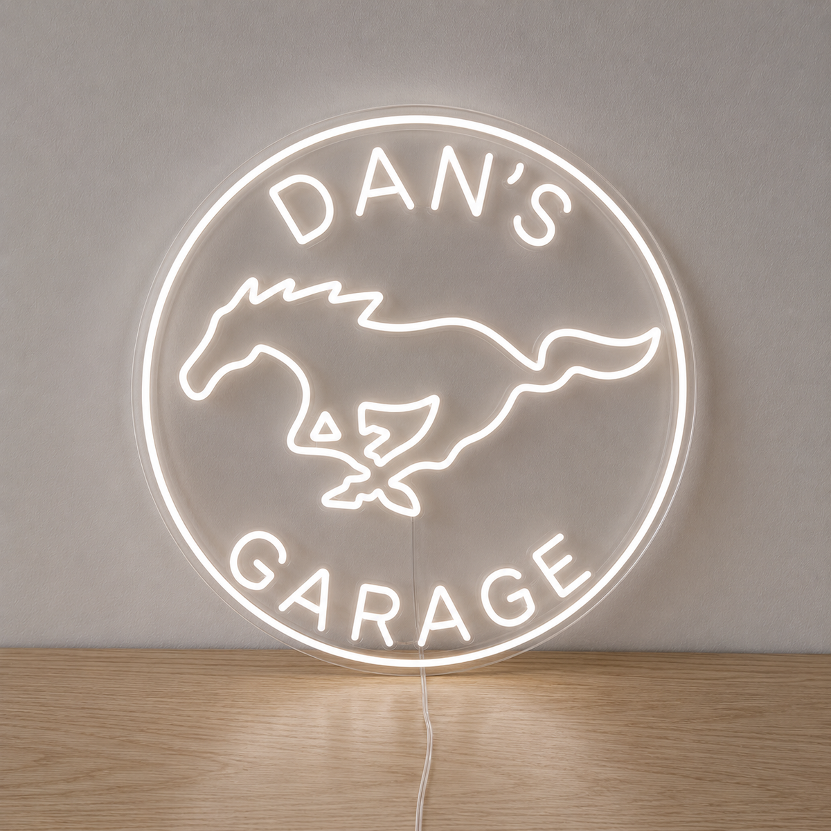 White Ford Mustang custom garage name LED neon sign
