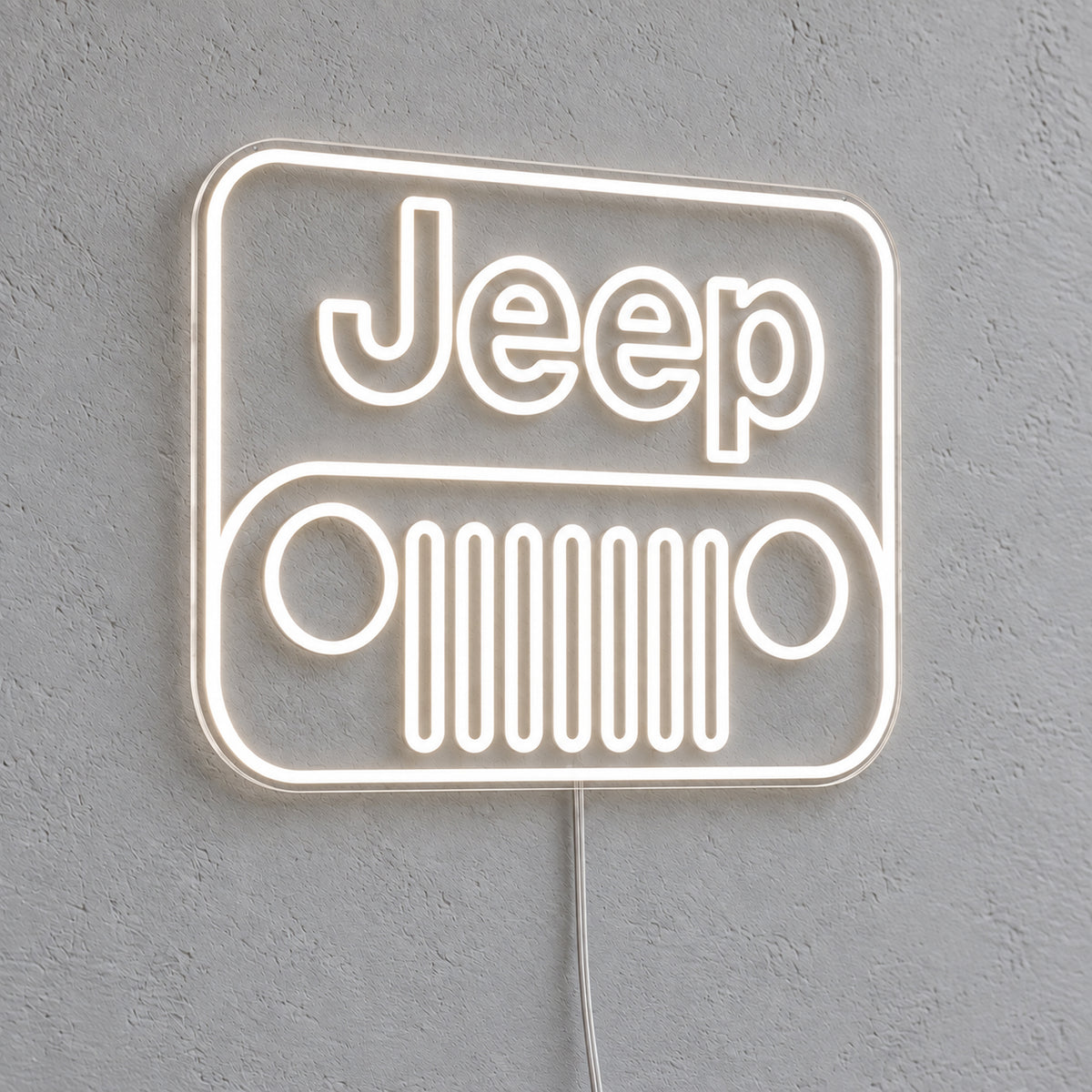 Jeep Grille LED Neon Sign in warm white, featuring a Jeep grille emblem on a grey wall.