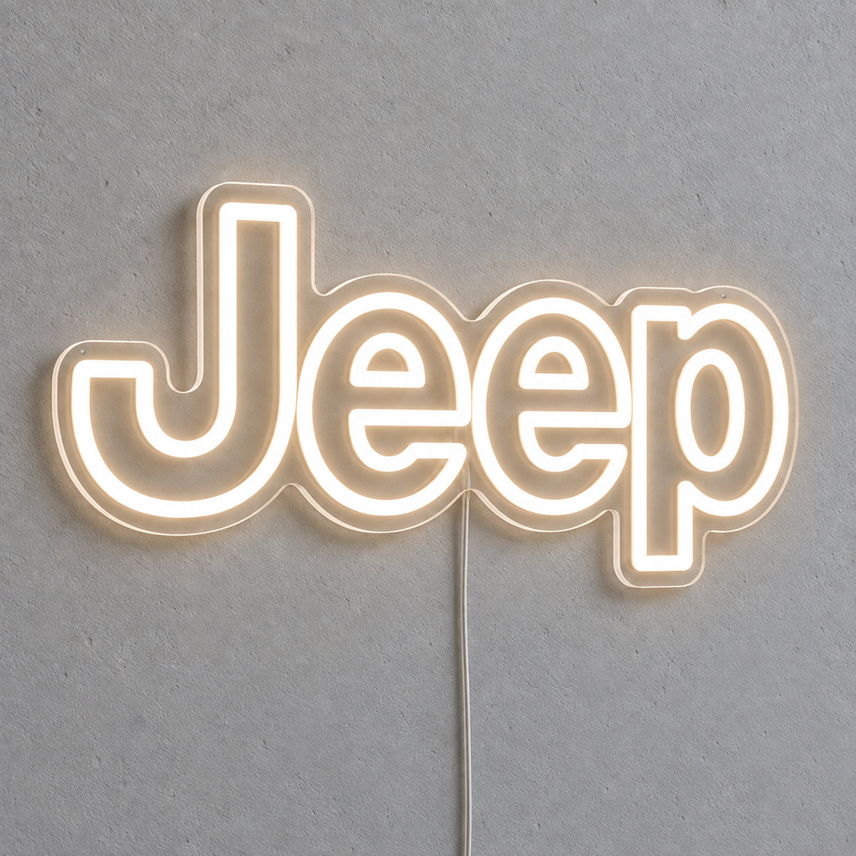 Jeep LED Neon Sign, featuring illuminated vehicle logo on a light background.