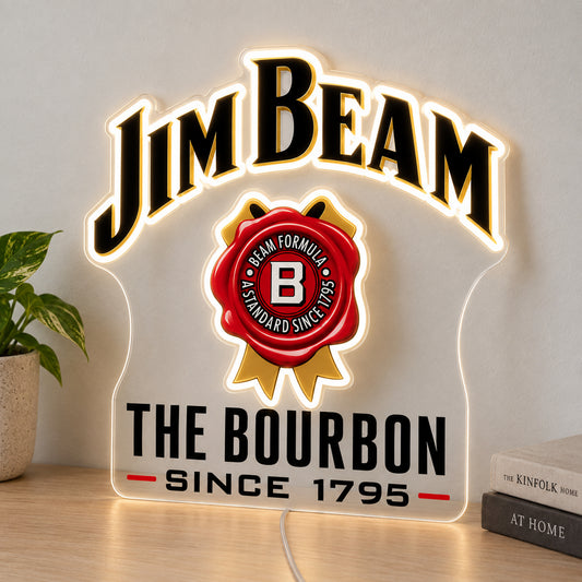 Jim Beam LED Neon Sign, featuring illuminated brand logo on a light surface.