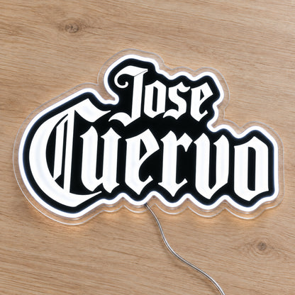 Jose Cuervo LED Neon Sign, featuring illuminated brand logo on a wooden surface.