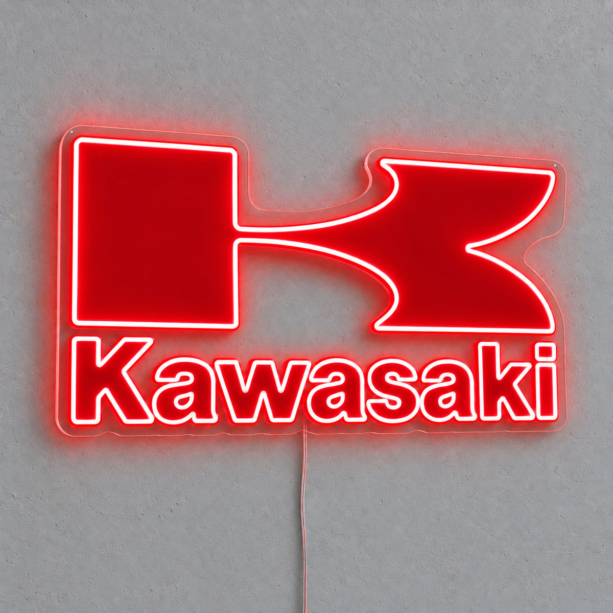 Kawasaki LED Neon Sign, featuring illuminated vehicle logo on a light background.