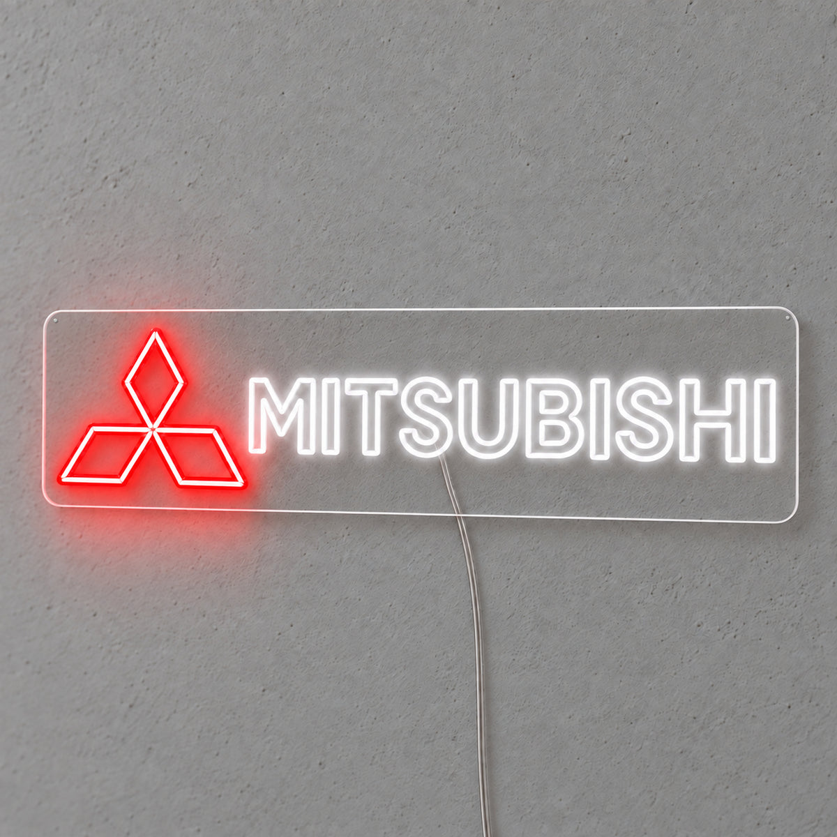 Mitsubishi Logo LED Neon Sign in red and white, featuring Mitsubishi three-diamond logo and lettering on a grey wall.