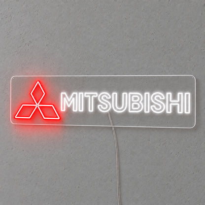Mitsubishi Logo LED Neon Sign in red and white, featuring Mitsubishi three-diamond logo and lettering on a grey wall.