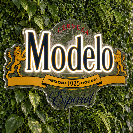 Modelo Especial LED Neon Sign, featuring illuminated beer-brand logo on a green foliage wall.