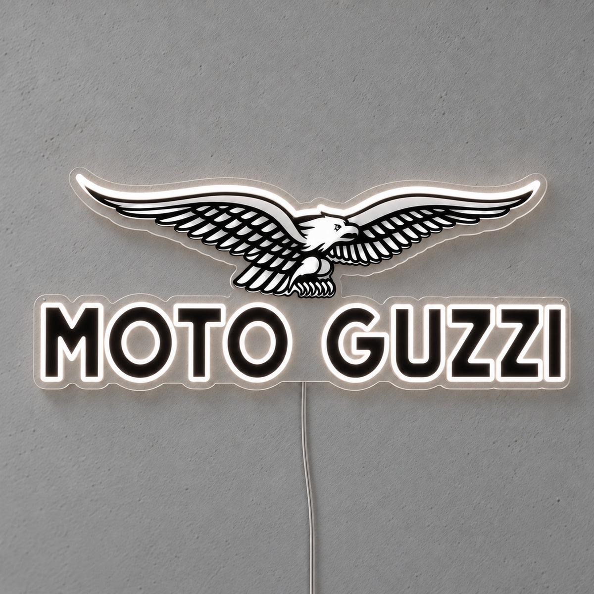 Moto Guzzi LED Neon Sign, featuring illuminated vehicle logo on a light background.