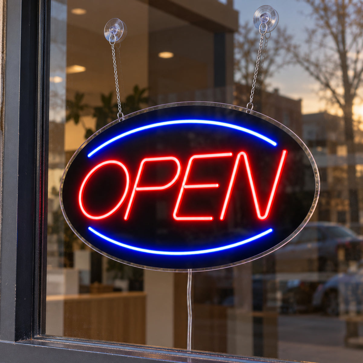 Open Neon Sign - Classic LED Business Sign in red and blue, featuring Open lettering inside an oval border in a shop window.