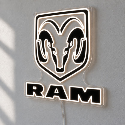 Ram LED Neon Sign, featuring illuminated vehicle logo on a light background.