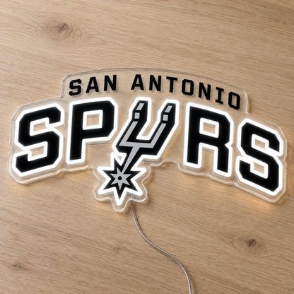 San Antonio Spurs LED Neon Sign, featuring illuminated team logo on a wooden surface.