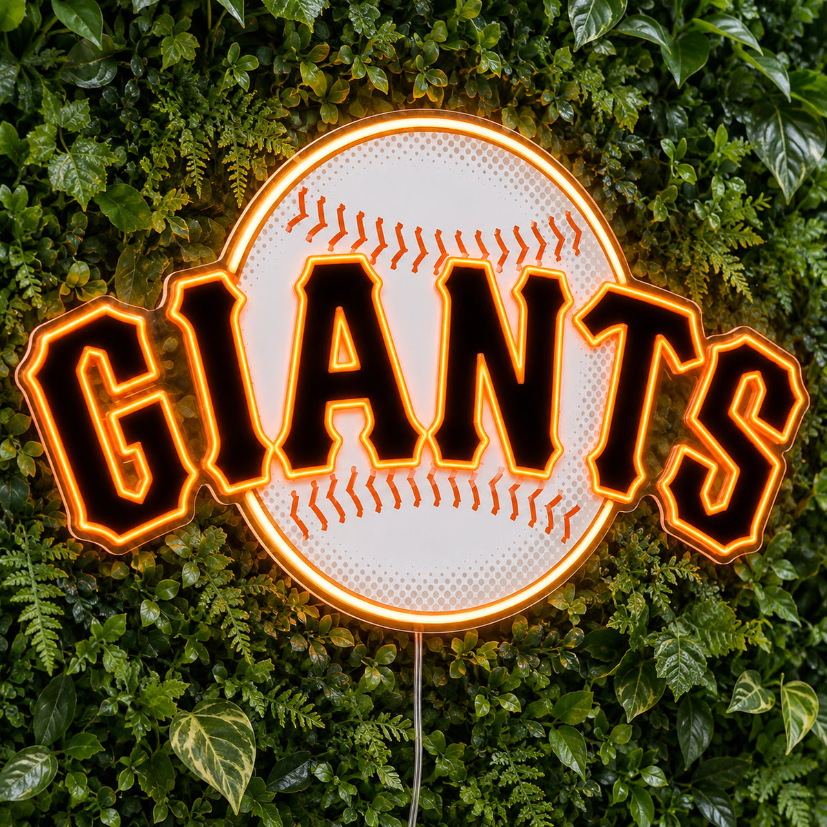 San Francisco Giants LED Neon Sign, featuring illuminated team logo on a green foliage wall.