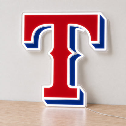 Texas Rangers LED Neon Sign, featuring team logo displayed on a light background.