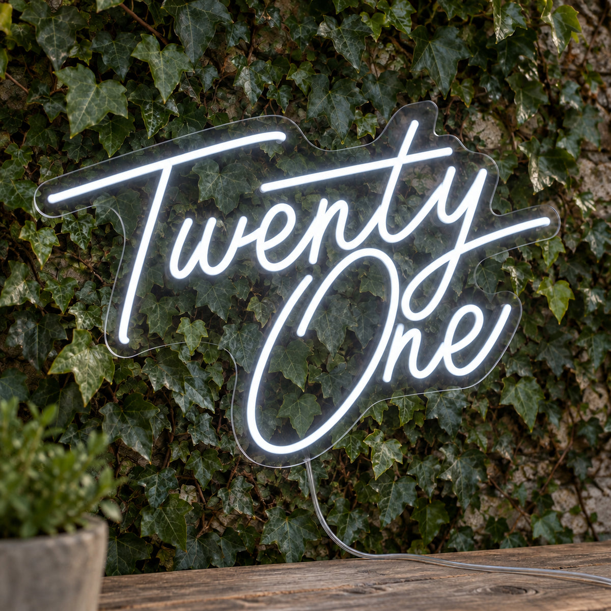 Twenty One LED Neon Sign in white, featuring script lettering against a foliage wall.