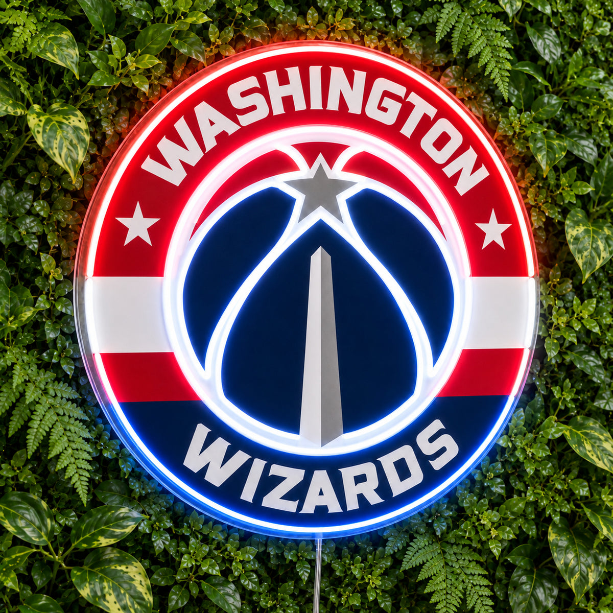 Washington Wizards LED Neon Sign, featuring illuminated team logo on a green foliage wall.