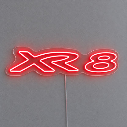 XR8 Ford Falcon LED Neon Sign in red, featuring XR8 lettering on a grey wall.