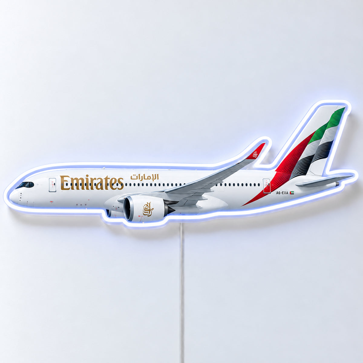 Airbus A350-900 Emirates Neon Sign with printed aircraft details and an illuminated LED outline on clear acrylic, shown from the front on a white surface, registration A6-EXA