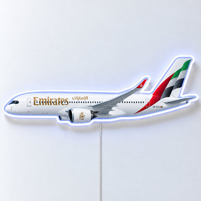 Airbus A350-900 Emirates Neon Sign with printed aircraft details and an illuminated LED outline on clear acrylic, shown from the front on a white surface, registration A6-EXA