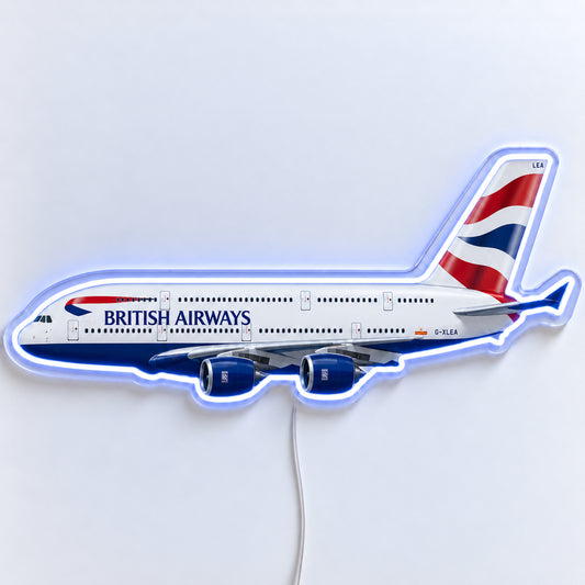Airbus A380 British Airways Neon Sign with printed aircraft details and an illuminated LED outline on clear acrylic, shown from the front on a white surface, registration G-XLEA