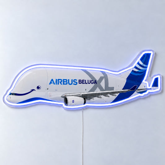 Airbus Beluga XL Neon Sign with printed aircraft details and an illuminated LED outline on clear acrylic, shown from the front on a white surface