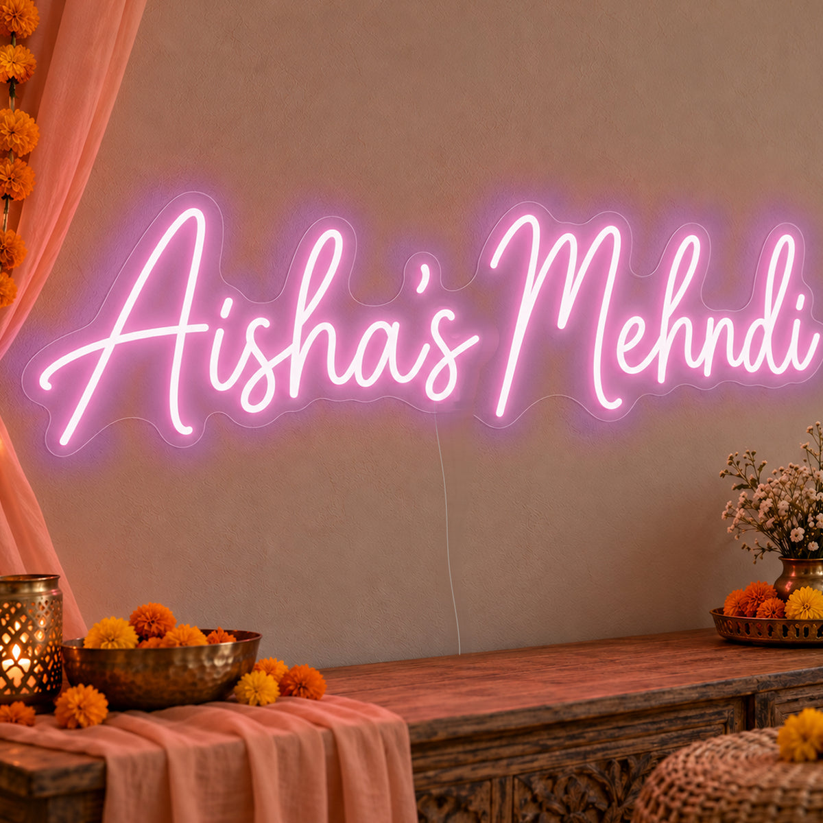 Personalised Mehndi Neon Sign in pink LED neon on clear acrylic, angled view