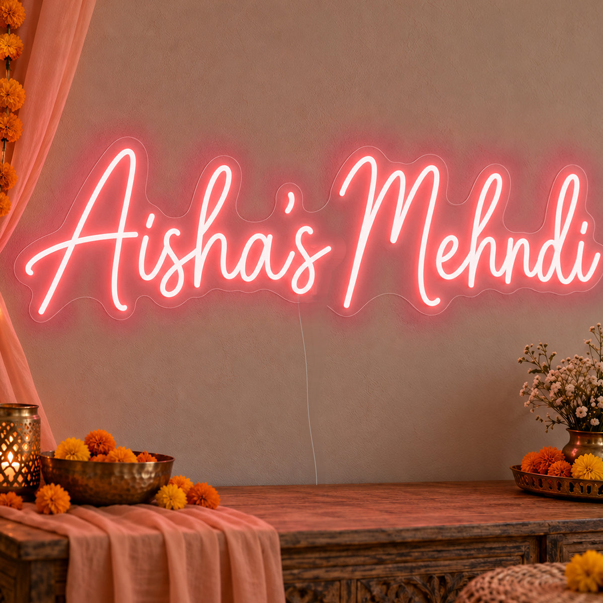 Personalised Mehndi Neon Sign in red LED neon on clear acrylic, angled view