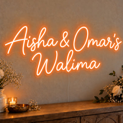 Personalised Walima Neon Sign in orange LED neon on clear acrylic, angled view