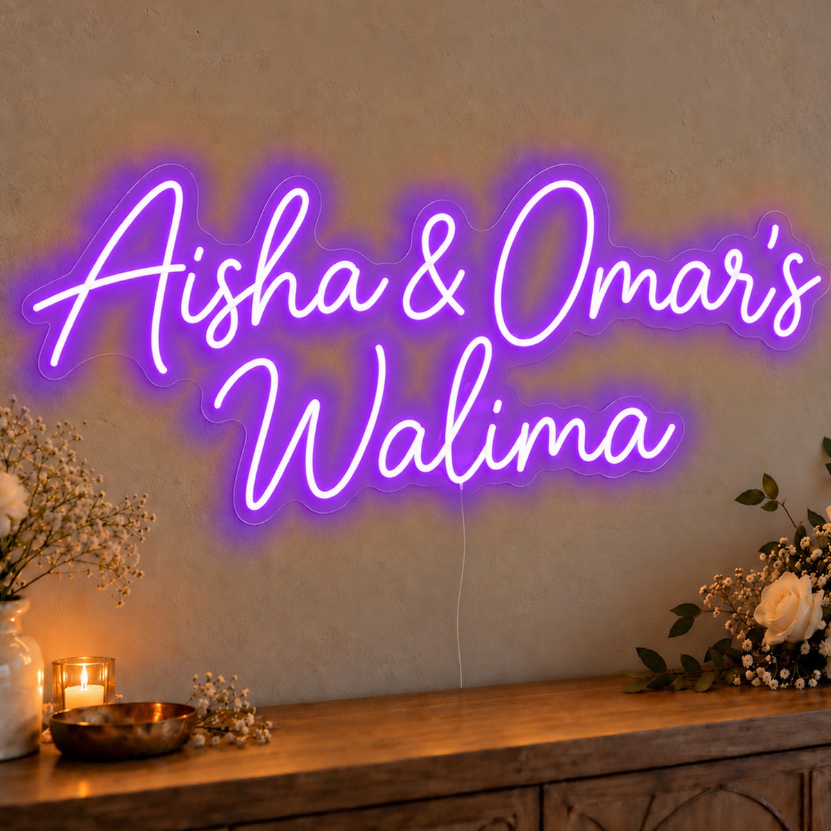 Personalised Walima Neon Sign in purple LED neon on clear acrylic, angled view