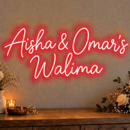 Personalised Walima Neon Sign in red LED neon on clear acrylic, angled view