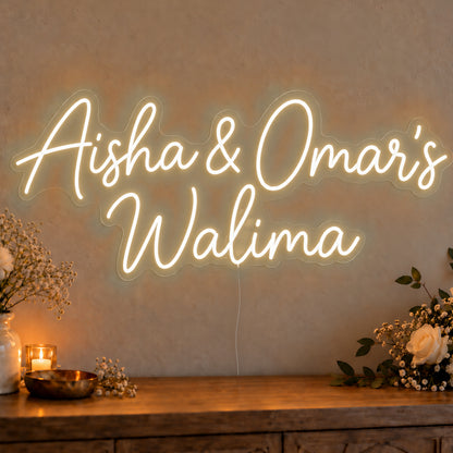 Personalised Walima Neon Sign in warm white LED neon on clear acrylic, angled view
