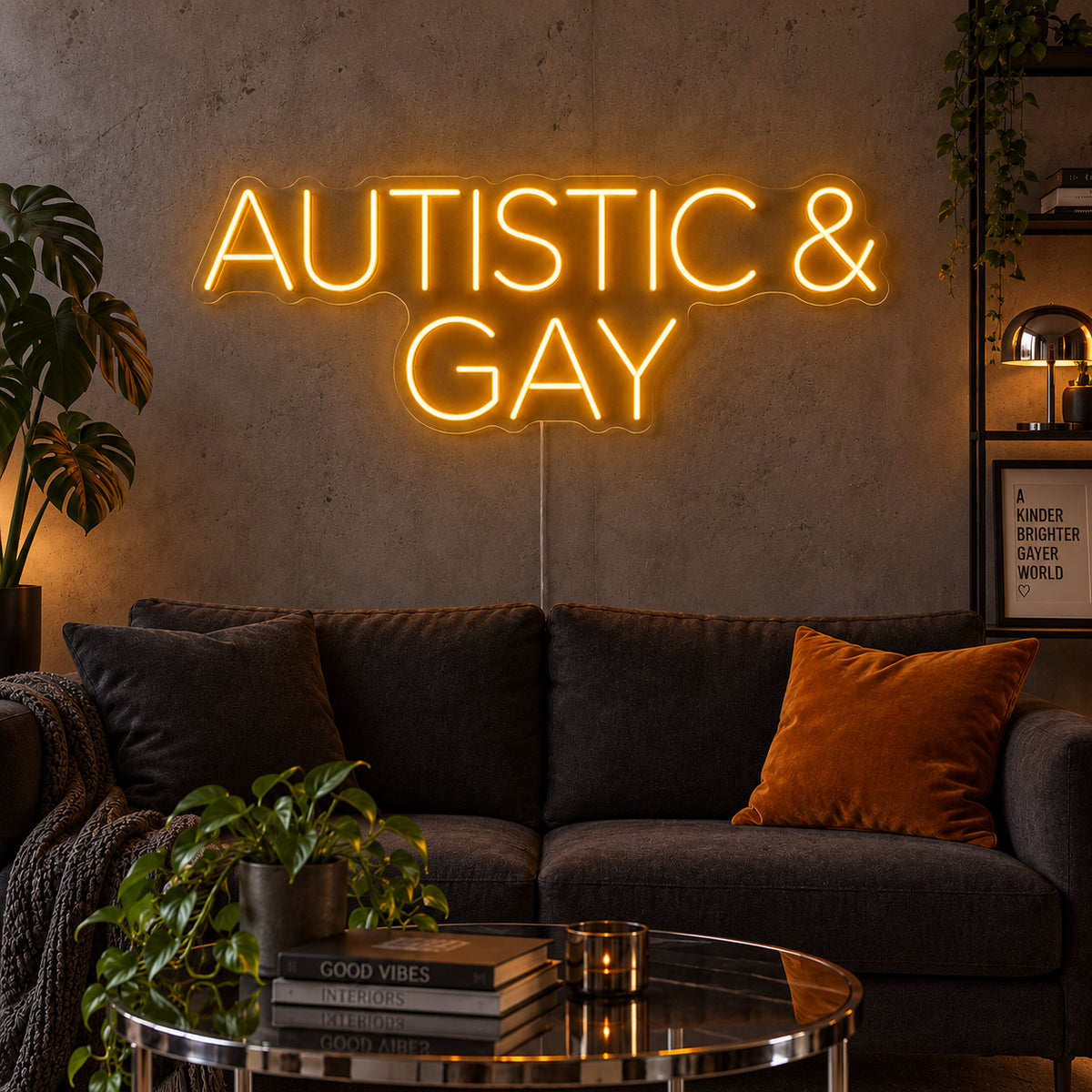 Autistic & Gay Neon Sign glowing gold above a dark sofa against a concrete wall.
