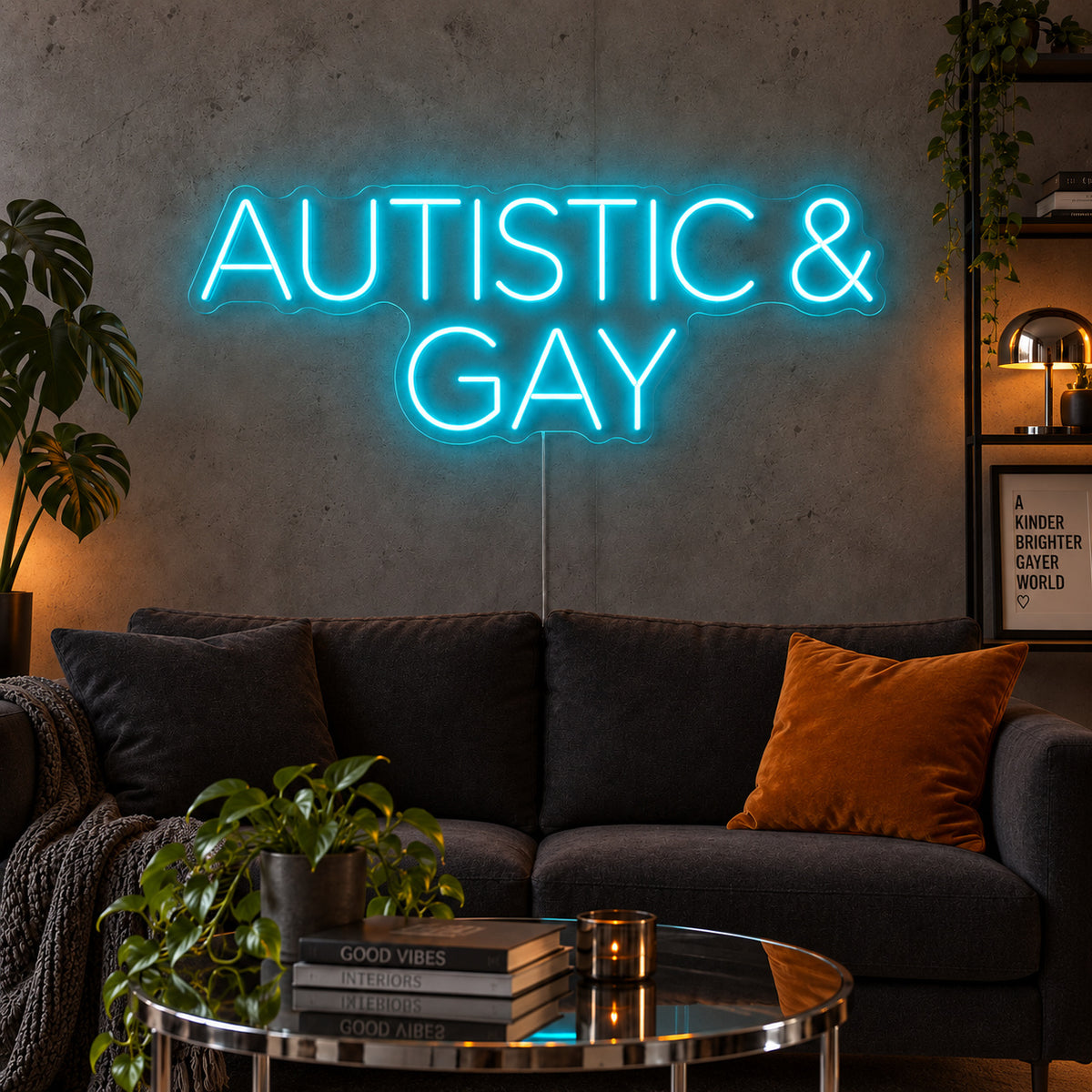 Ice Blue version of the Autistic & Gay Neon Sign, shown above a dark sofa against a concrete wall.